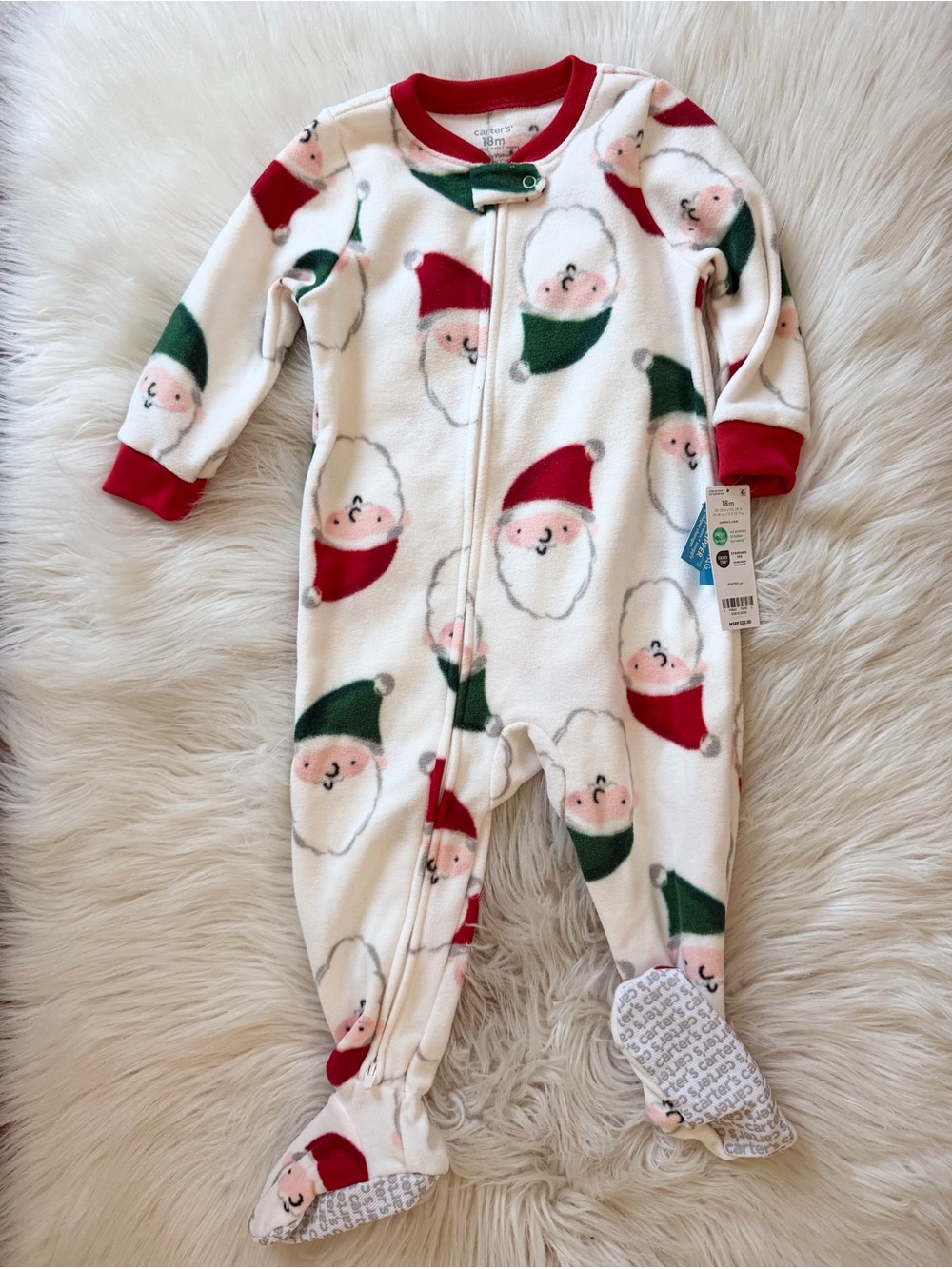 Carter's White Fleece Santa Print Footed One-Piece with Red & Green Accents
